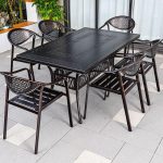 Modernes Outdoor-Essset mit Sitzmöbeln aus Legierung, 7-teiliges Set, wetterfeste Tinte Tisch & Stuhl, Schwarz, 59.1"L x 35.4"B x 29.5"H, Tisch & 6 Stühle