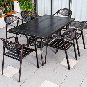Modernes Outdoor-Essset mit Sitzmöbeln aus Legierung, 7-teiliges Set, wetterfeste Tinte Tisch & Stuhl, Schwarz, 59.1"L x 35.4"B x 29.5"H, Tisch & 6 Stühle
