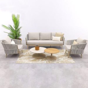 Elfenbein 2 Tische, 5-teilige Outdoor-Sofagruppe, 5 Teile (2 1-Sitzer & 3-Sitzer & Sinterstein/Massivholz-Tische)