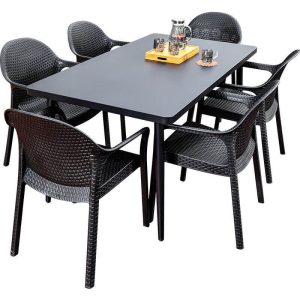 Gartenmöbel-Set, Polymerverbindung, feuerresistent, 7-teilig, Tintenfarbe, mit Stuhl und Tisch, minimalistischer Stil, 47.2"L x 27.6"B x 28.7"H, Tisch & 6 Stühle