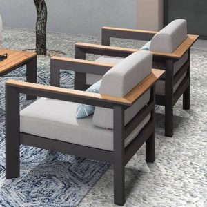 4-teiliges Set Graues Canvas-Patio-Sofa-Konversationsset mit Cerulean-Kissen Loveseat und Sepia-Holztisch, 4-teiliges Set (3-Sitzer Sofa & Loveseat & Stuhl & Couchtisch)