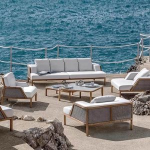 UV-beständige Outdoor-Sofa Sitzgruppe mit Taubengrau Holz 2 Tischen und weißer Stoffmischung Polsterung, 3-teilig, 39"L x 35"B x 24"H, 4-teiliges Set (2 Stühle & runder Tisch & Couchtisch)