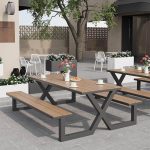 Einfaches rechteckiges Kakao-Metall-Picknicktisch für draußen, Weiß, 47"L x 63"B x 28"H