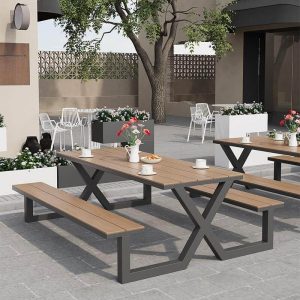 Einfaches rechteckiges Kakao-Metall-Picknicktisch für draußen, Weiß, 47"L x 63"B x 28"H