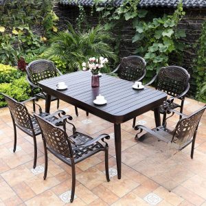 Einfacher Outdoor-Esstisch mit wetterfester taupefarbener Tafel und Legierungsstühlen, 5-teilig, 59"L x 35"B x 28"H, Tisch & 4 Stühle