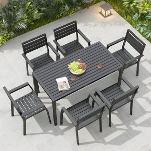 Moderner Metall-Patio-Esstisch für draußen mit Holz-Tischplatte und UV-beständig - Nur Tisch 55,1"L x 27,6"B x 29,5"H Schwarz