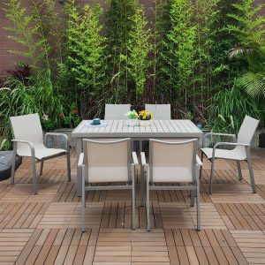 Moderner Aluminium Metall Garten Armstuhl, Feuchtigkeitsbeständig, Stapelbar, Grauer Rücken, 1 Stuhl, 22"L x 22"B x 33"H