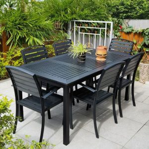 Outdoor Esstischset mit Alloy Rahmen, 7-teiliger Satz, wetterfest Mitternachtsschwarz, Stuhl, einfacher Stil mit Tisch, Schwarz, 70.9"L x 35.5"B x 29.1"H, Tisch & 6 Stühle