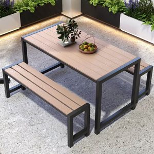 Rechteckiger Stahl-Casual-Outdoor-Esstisch mit natürlicher Oberfläche, 63"L x 27,6"B x 29,5"H, Natur, Nur Tisch