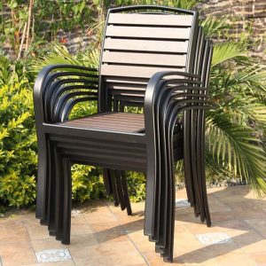 Sonnengeschütztes Outdoor-Esstischset mit Tischplatte aus Holzwerkstoff, Rückenlehne mit Gurten, Pekannuss-Rechtecktisch, Stuhl, 5-teiliges Set, 59"L x 35"B x 29"H, Tisch & 4 Stühle