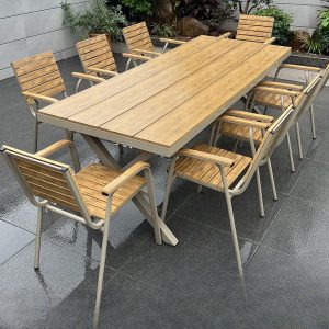 9-teiliges Set Holzmuster Outdoor-Esstisch mit Sitzbänken aus Ingenieurholz, wetterfest im modernen Stil mit Stühlen und Tisch, 71"L x 35"B x 28"H, Tisch & 8 Stühle