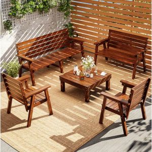 Modernes Cerulean Kissen Patio Sofa Sitzgruppenset mit Sepia Ingenieurholz Tisch, Sofa inklusive, UV-beständig, 3-teiliges Set, 3-teiliges Set (Dreier-Sitzer & 4-Sitzer Sofa & Couchtisch)