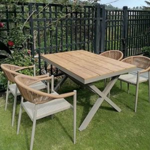 Naturfarbenes Legierungs-Outdoor-Esszimmer-Set, wetterfeste Tisch und Stühle, einfacher Stil, 7-teiliges Set, 86,6"L x 35,4"B x 29,5"H, Tisch & 6 Stühle