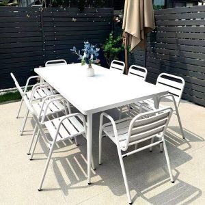 Feuerbeständiges Legierungs-Patio-Esszimmer-Set, Kreide quadratisch, 5-teilig mit Stuhl und Tisch, 35,4"L x 35,4"B x 29,5"H, Tisch & 4 Stühle