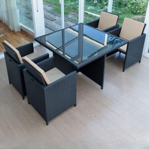 Gepolsterter Garten-Esstisch, Tintenfarbe, UV-blockierend, 5-teilig, mit Stuhl und Tisch, minimalistischer Stil, Tisch & 4 Stühle, Sicherheitsglas