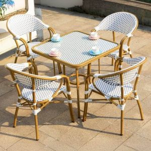 Mehrfarbiges, rostbeständiges modernes Outdoor-Esstischset mit Vitreous-Tischplatte, 5-teilig, Grau-Weiß, 31.5"L x 31.5"B x 29.1"H, Tisch & 4 Stühle