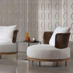 Zeitgenössische Esche Holz Sofa für 1 mit UV-beständigem braunem Rahmen, Kissen und Polster, Mittelsofa