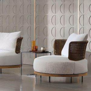 Zeitgenössische Esche Holz Sofa für 1 mit UV-beständigem braunem Rahmen, Kissen und Polster, Mittelsofa