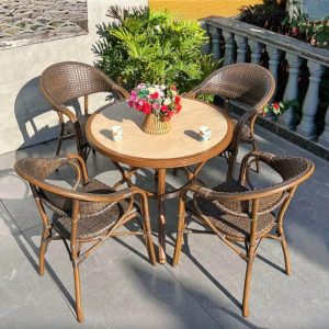 Holzmaser-Runder Alloy Outdoor-Esstisch, wetterfestes 5-teiliges Set mit Stühlen und Tisch, 35,4"L x 35,4"B x 28,7"H, Tisch & 4 Stühle