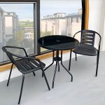 Outdoor Bar-Höhe Esszimmerset mit Gurtlehne, feuerfester runder Vitreous-Tisch, 3-teiliges Set mit Stuhl, 31.5"L x 31.5"B x 28.3"H, Schreibtisch mit 2 Stühlen