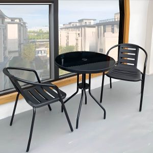 Outdoor Bar-Höhe Esszimmerset mit Gurtlehne, feuerfester runder Vitreous-Tisch, 3-teiliges Set mit Stuhl, 31.5"L x 31.5"B x 28.3"H, Schreibtisch mit 2 Stühlen
