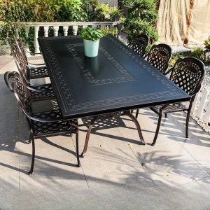 Feuerfester Outdoor-Esstisch aus Legierung mit Tintentisch und Stühlen, 7-teiliges Set, moderner Stil, 79"L x 39"B x 29"H, Tisch & 6 Stühle