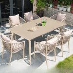 Elfenbein 7-teiliger feuersicherer Patio-Esstisch mit gepolsterten Sitzgelegenheiten, minimalistischem Stil und Stühlen & Tisch, 63"L x 35,5"B x 28,3"H, Tisch & 6 Stühle