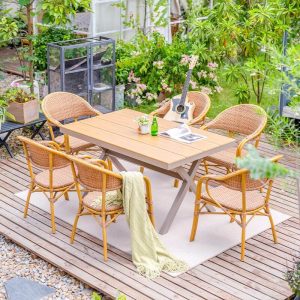 Naturfarbenes Terrassen-Essset, Metallgestell, witterungsbeständig, 7-teilig, rechteckig mit Stuhl und Tisch, 59"L x 35"B x 29"H, Tisch & 6 Stühle