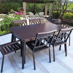 Outdoor-Esszimmergarnitur mit Sitzmöbeln aus Legierung, 7-teiliges Set wetterfest in Taupe mit Stuhl, einfachem Stil und Tisch, Braun, 78.7"L x 35.4"B x 29.5"H, Tisch & 6 Stühle