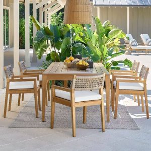Landhaus Naturholz Patio Armlehnenstuhl mit Kreidestoffbezug, Teak, Upgrade, 23"L x 22"B x 32"H