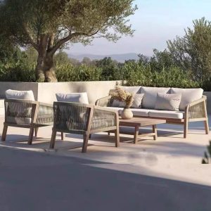 5-teiliger Outdoor-Sofa-Konversationsset mit 2 Tischen, Textilbezug, 5-teilig (2 Stühle & 3-Sitzer Sofa & Großer Couchtisch & Kleiner Couchtisch)