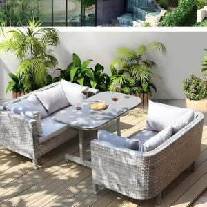 Trendiges schwarzes Rattan-Sofa für 3 Personen UV-beständig mit Kissen und Polster, 3-Sitzer Sofa