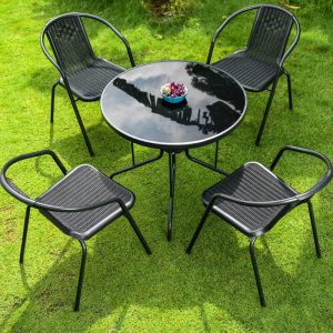 9-teiliges Set Polymer-Verbund-Außengartenset, flammhemmender Mitternachtsschwarzer Tisch und Stühle, einfacher Stil, 70,9"L x 35,5"B x 29,1"H, Tisch & 8 Stühle