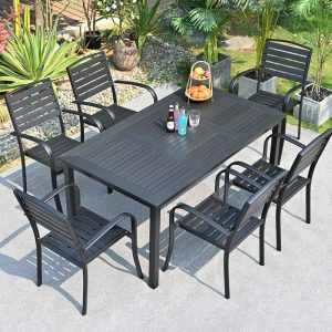 Patio-Essgruppe, rechteckiger Tisch aus hergestelltem Holz in Tinte mit Stuhl, UV-beständig, 5-teilig, 63"L x 35,4"B x 29,5"H, Tisch & 4 Stühle