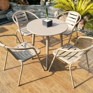 Elfenbein Outdoor-Esstisch mit Polymer-Sitz, flammhemmend, rund, 5-teilig, Stuhl, einfacher Stil, 27,6"L x 27,6"B x 28,3"H, Tisch & 4 Stühle
