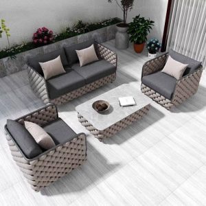 Grey Stone Tischplatten-Patio-Sofa-Sitzset mit 100% Baumwollbezug, 4-teiliges Set, Loveseat und gepolsterter Rückenlehne, Khaki Grau, 4-teiliges Set (2 Stühle & 1 Loveseat & 1 Couchtisch)