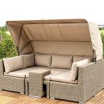 Rattan Outdoor Sitzgruppe mit Ottoman, Platz für 5, grauer Tisch, 5-teiliges Set, Grau, 5-teiliges Set (2 Einzel- & 1 Dreier- & 1 Fuß- & 1 Beistelltisch)