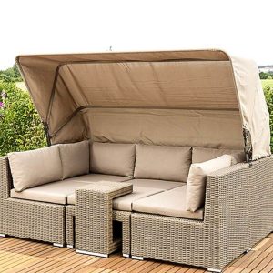 Rattan Outdoor Sitzgruppe mit Ottoman, Platz für 5, grauer Tisch, 5-teiliges Set, Grau, 5-teiliges Set (2 Einzel- & 1 Dreier- & 1 Fuß- & 1 Beistelltisch)