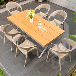 Natürlich farbenes Outdoor-Essset mit Polymer-Sitz, 7-teiliges Set, wetterfester Stuhl, schlichter Stil Tisch, 51.2"L x 31.5"B x 29.5"H, Tisch & 6 Stühle