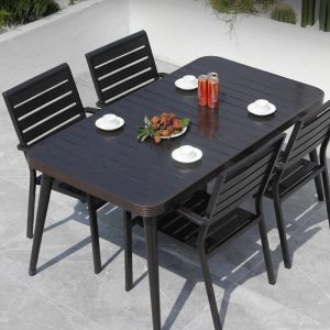 Patio-Esstisch mit Metall-Tischplatte, 7-teiliges Set, Mitternachtsschwarz, rechteckige Form, Stuhlset, UV-beständig, moderner einfacher Stil, 78,7"L x 35,4"B x 29,5"H, Tisch & 6 Stühle