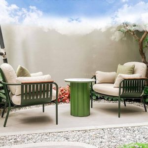 Patio-Sofa-Sitzset für 2 mit olivgrünen Kissen und cremefarbenem Tisch, 3-teiliges Set (2 Stühle & Beistelltisch)