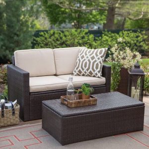 Plastik-Sofa mit Stauraum und abnehmbarem Kissen, schwarzer Rahmen, für 3 Personen, UV-beständig, trendiger Stil, 3-Sitzer Sofa
