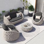 Seilgeflochtenes Modernes Outdoor-Sofa-Set mit Steintisch in Grau - 3-teiliges Set (2 Stühle & 1 Kaffeetisch)