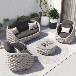 Seilgeflochtenes Modernes Outdoor-Sofa-Set mit Steintisch in Grau - 3-teiliges Set (2 Stühle & 1 Kaffeetisch)