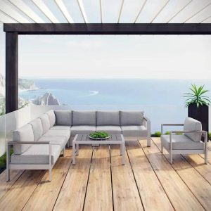 Patio Sitzgruppe, Modulares Design, 2-teiliges Set, Grauer Tisch, Textilbezug, Sektionale Couch inbegriffen, 2-teiliges Set (Ecksofa & Couchtisch), 102"L x 102"B x 25"H