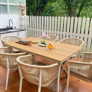 Polsteraußensitzgruppe in natürlicher Farbe - 7-teiliges Set, wetterfest mit Stuhl, einfachem Stil und Tisch, 86,6"L x 35,4"B x 29,5"H, Tisch & 6 Stühle