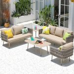 4-teiliges graues Metall- & Textil-Patio-Sofa-Sitzgarnitur mit Loveseat, Stuhl & 1 Tisch, 4-teiliges Set