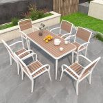 Patio-Esstisch mit Eisenrahmen, hellbraune UV-beständige rechteckige Platte, einfacher Stil, 47,2"L x 23,6"B x 29,5"H, Schwarz, nur Tisch