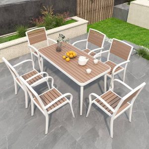 Patio-Esstisch mit Eisenrahmen, hellbraune UV-beständige rechteckige Platte, einfacher Stil, 47,2"L x 23,6"B x 29,5"H, Schwarz, nur Tisch