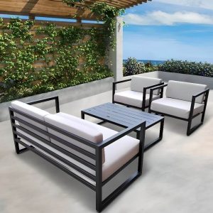 Schwarzer Legierungsrahmen Patio-Sofa-Sitzgruppe mit Kreide Polyethylenterephthalat (PET) Loveseat und 1 Tisch, 4-teiliges Set, 4-teiliges Set (2 Einzelsofas & Loveseat & Couchtisch)